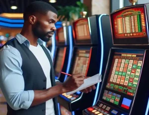 a man checks slot machine stats